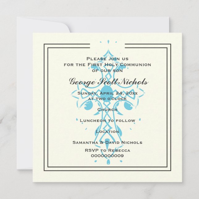 Invitation Croix Bleue Première Communion Baptême Confirmatio (Devant)