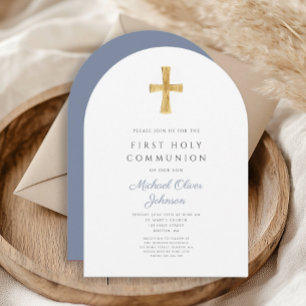 Invitation Croix Bleue Religieux Garçon Premier Arc de Commun