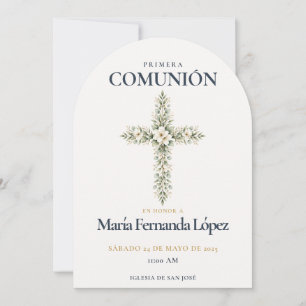 Invitation Croix botanique élégante de première communion
