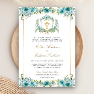 Invitation Croix catholique dorée à fleurs sarcelle Code QR M