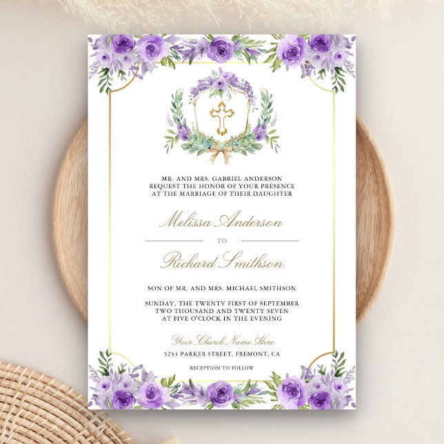 Invitation Croix catholique dorée à fleurs violettes Code QR  (Créateur téléchargé)
