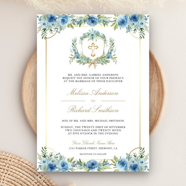 Invitation Croix catholique QR Code Mariage Floral Bleu Or (Créateur téléchargé)