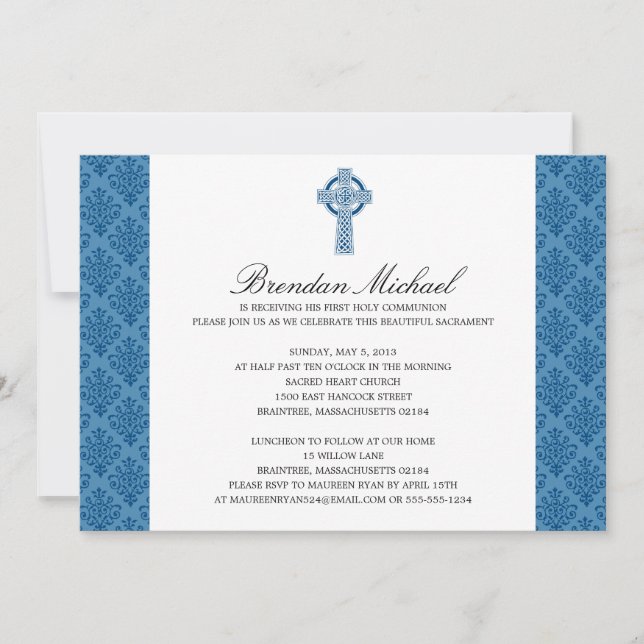 Invitation Croix celtique Damask Première communion (Devant)