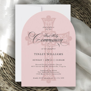 Invitation Croix celtique de première communion rose poussiér
