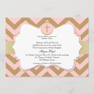 Invitation Croix Chevron rose et or communion féminine