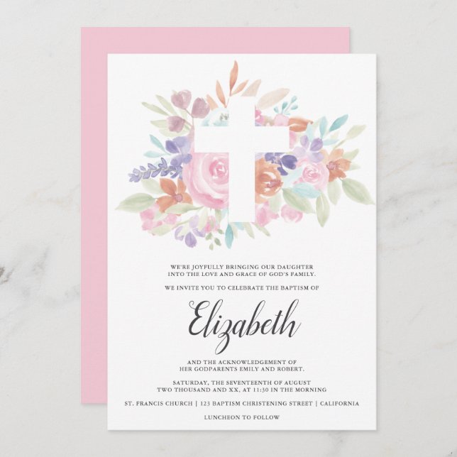 Invitation Croix chrétienne rose pastel douce baptême (Devant / Derrière)