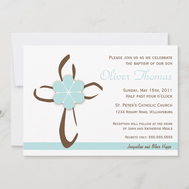 Invitation Croix contemporaine simple avec fleurs bleues (Devant)