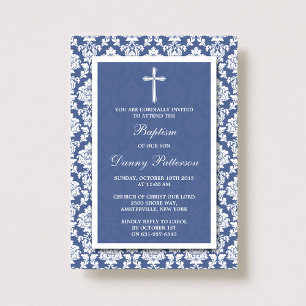 Invitation Croix Damas Baptême Baptême Ou Baptême Bleu