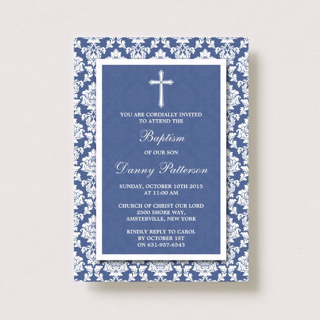 Invitation Croix Damas Baptême Baptême Ou Baptême Bleu (Créateur téléchargé)