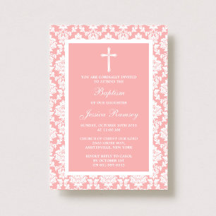 Invitation Croix Damas Rose Baptême Ou Baptême