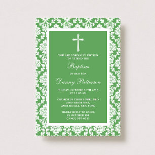 Invitation Croix-Damas Verte Baptême Ou Baptême