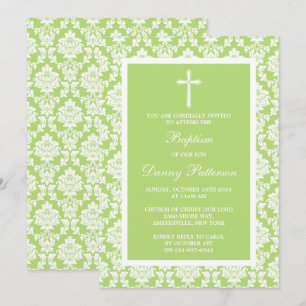 Invitation Croix-Damas Verte Baptême Ou Baptême