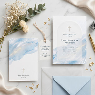 Invitation Croix d'arche en aquarelle bleue minimale Baptême