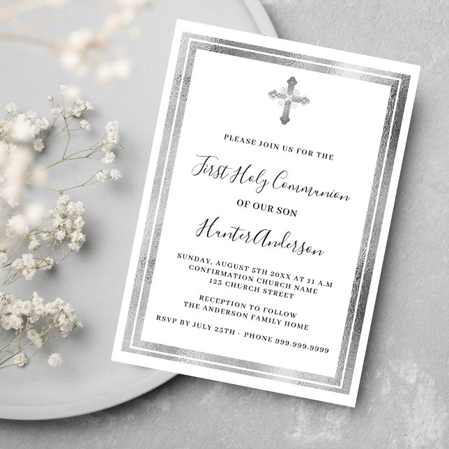 Invitation Croix d'argent blanc de la première communion (Créateur téléchargé)