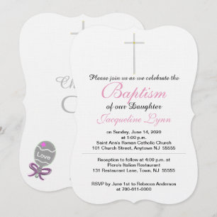 Invitation Croix d'argent de baptême fille hochet bébé rose
