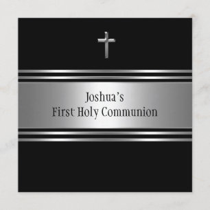 Invitation Croix d'argent noire Garçons Première Communion