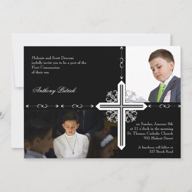Invitation Croix d'argent sur la communion photo noire (Devant)