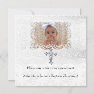 Invitation Croix de baptême en dentelle blanche Photo Jewel