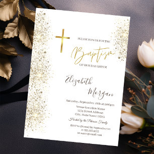 Invitation Croix de baptême en or chic confettis dorés