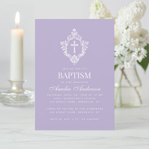 Invitation Croix de baptême Lavande Crête florale Élégant Vio