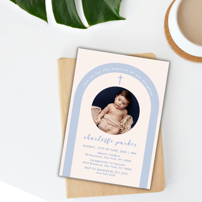 Invitation Croix de Boho bleu neutre genre Baptême photo (Blue Gender Neutral Boho Arch Cross Photo Baptism Invitation)