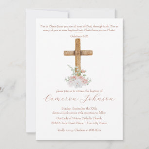 Invitation Croix de bois Fleurs blanches et bleues Baptême