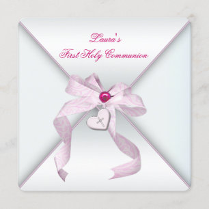 Invitation Croix de cœur rose pour filles Première communion 