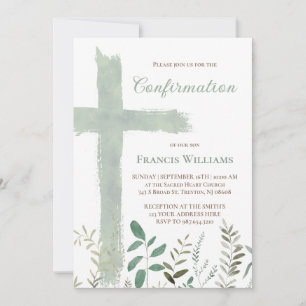 Invitation croix de confirmation à l'aquarelle verte