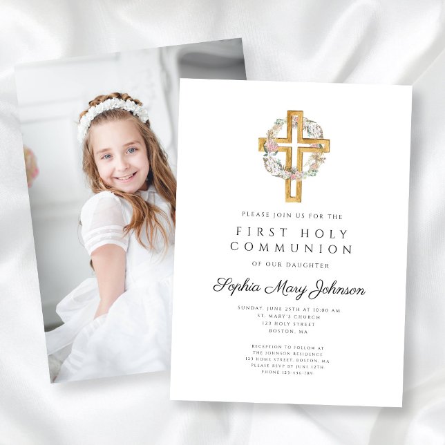 Invitation Croix de couronne florale Photo Girl First Communi (Floral Wreath Cross Photo Girl First Communion Invitation)