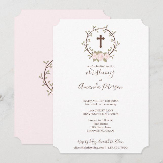 Invitation Croix de couronne rose pâle Baptême Christening (Devant / Derrière)