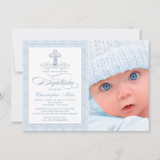 Invitation Croix de Damas bleu photo de garçon Baptême (Devant)