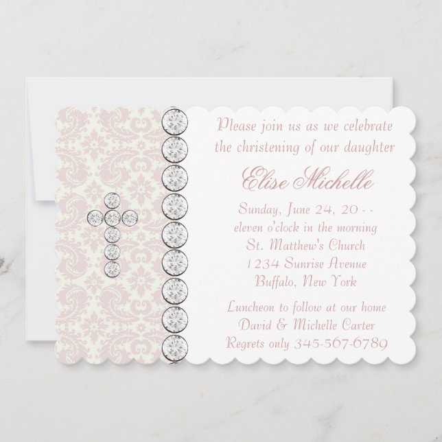 Invitation Croix de Damas en ivoire rose Baby Girl Christenin (Devant)
