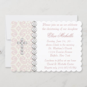 Invitation Croix de Damas en ivoire rose Baby Girl Christenin