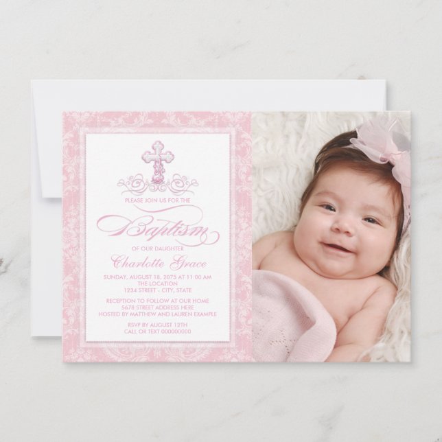 Invitation Croix de Damas rose Filles Photo Baptême Invitatio (Devant)