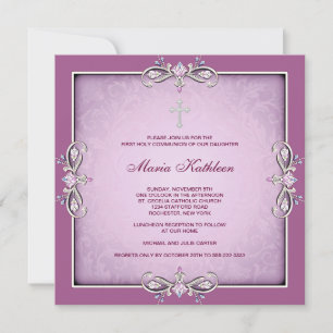 Invitation Croix de Damas Rose Filles Première Communion Rose