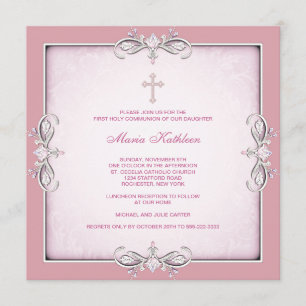 Invitation Croix de Damas Rose Filles Première Communion Rose