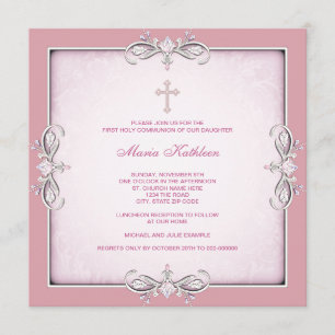 Invitation Croix de Damas Rose Filles Rose Première Communion