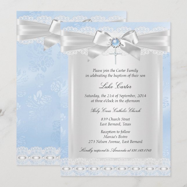 Invitation Croix de dentelle bleue Baptême Christening (Devant / Derrière)