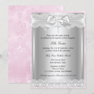 Invitation Croix de dentelle rose Baptême/Invitation Christen