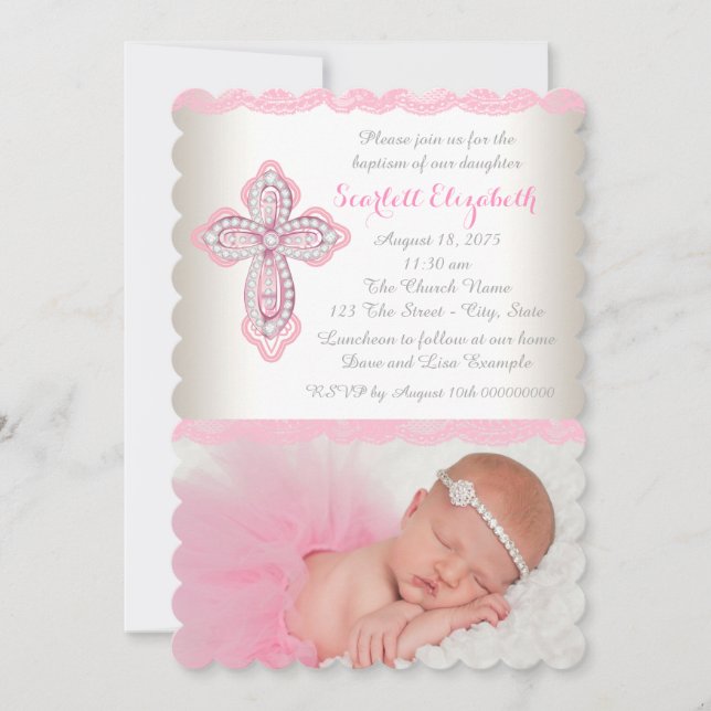 Invitation Croix de diamant de dentelle rose ivoire Photo Bap (Devant)
