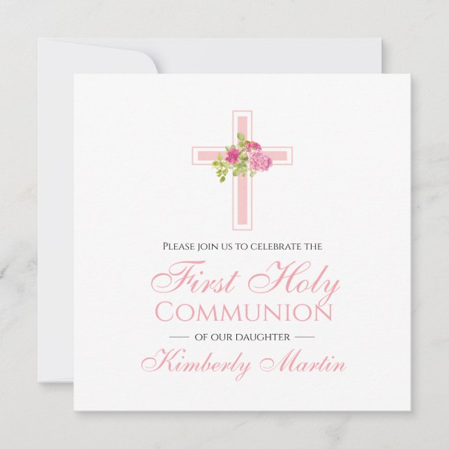 Invitation Croix de la première communion avec Carré rose Ros (Devant)