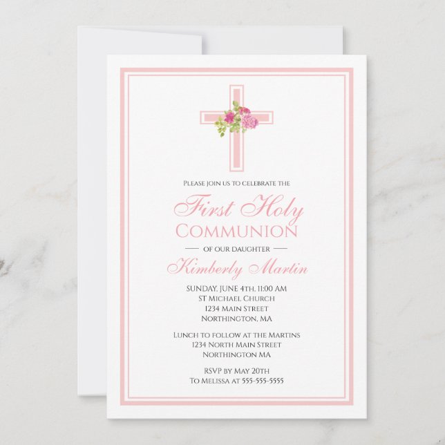 Invitation Croix de la première communion avec roses roses ro (Devant)