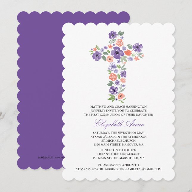 Invitation Croix de la première communion d'aquarelle violett (Devant / Derrière)