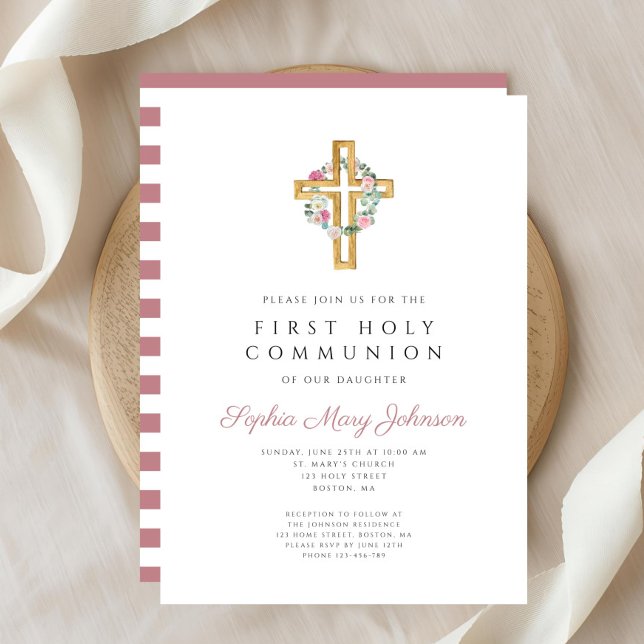 Invitation Croix de la première communion de la couronne de f (Cute Pink Floral Wreath Cross First Communion Invitation )