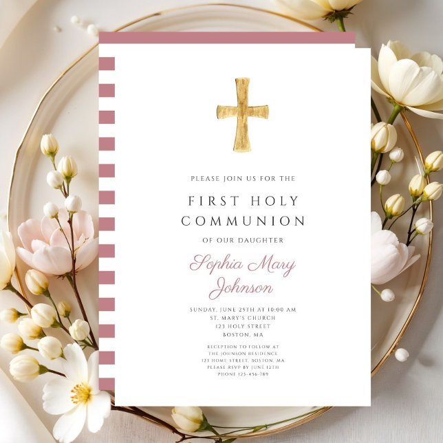Invitation Croix de la première communion féminine de rose mo (Modern Pink Stripes Cross Girl First Communion Invitation )
