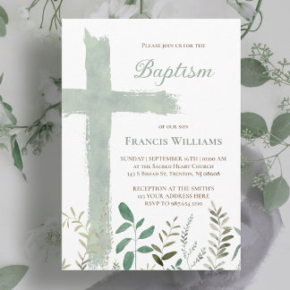Invitation Croix de l'aquarelle verte du baptême