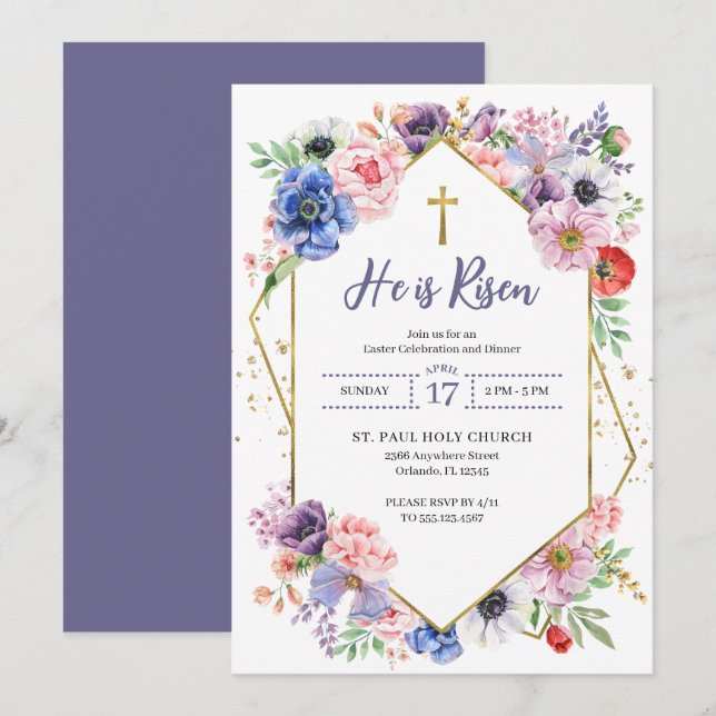 Invitation Croix de Pâques Il est ressuscité Fleurs de printe (Devant / Derrière)