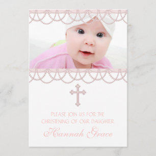 Invitation Croix de perle rose Baby Girl Photo Christening