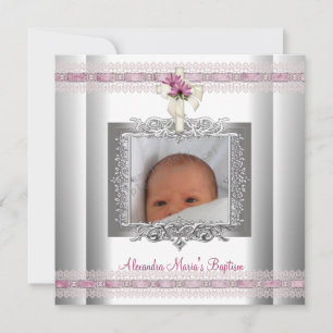 Invitation Croix de Photo Argent Rose Blanc Baptême Christeni