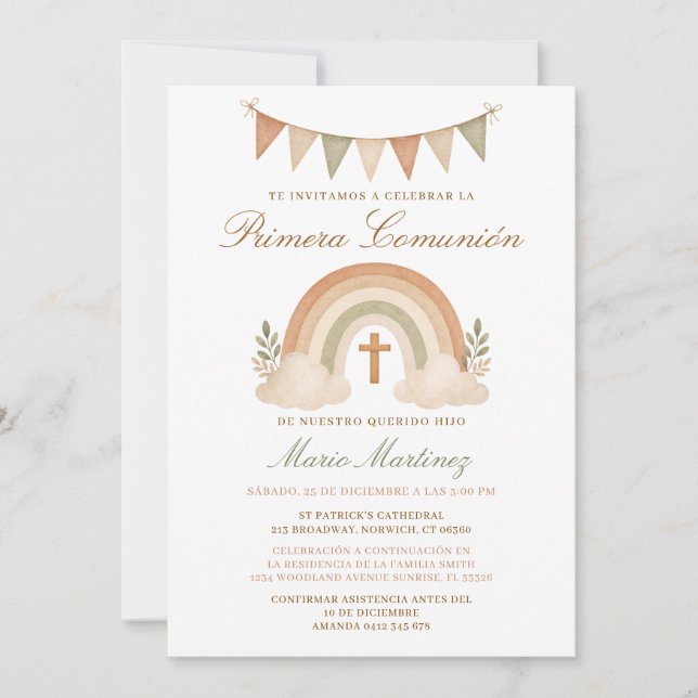 Invitation Croix de Première Communion Garçon Arc-en-Ciel Boh (Devant)